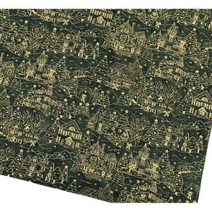 Vtg 50s Xmas Houses Village Gold Metallic Green Cotton Quilt Fabric 1yd x 40.5W